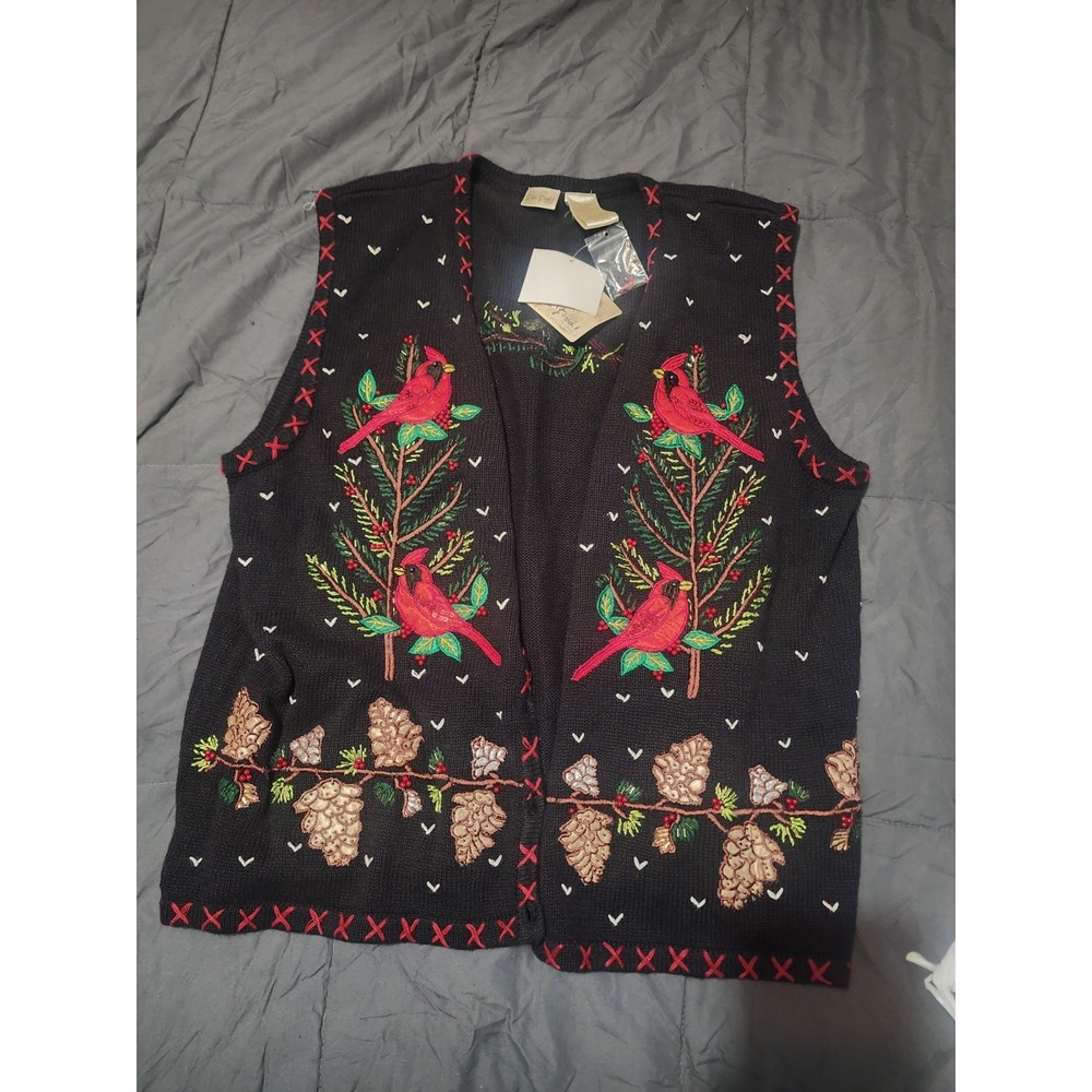Vintage Bobbie Brooks Christmas Cardinal Embroidery Sweater Vest Size Large